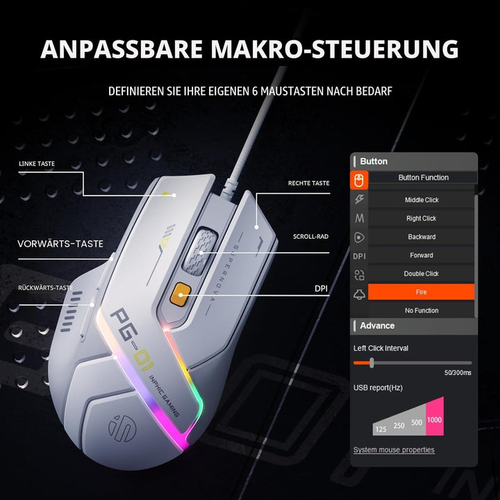 inphic PG1 Gaming Maus mit Kabel, 12800 DPI Hochpräzise, 6 programmierbare Tasten, atmungsaktive RGB