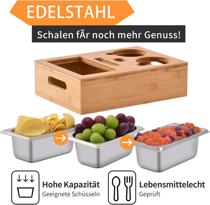 Couchbar Snackbox, Snackspender mit Snackschale, Bambus Sofatablett für Sofa, Deko, Couch Bar mit Ge