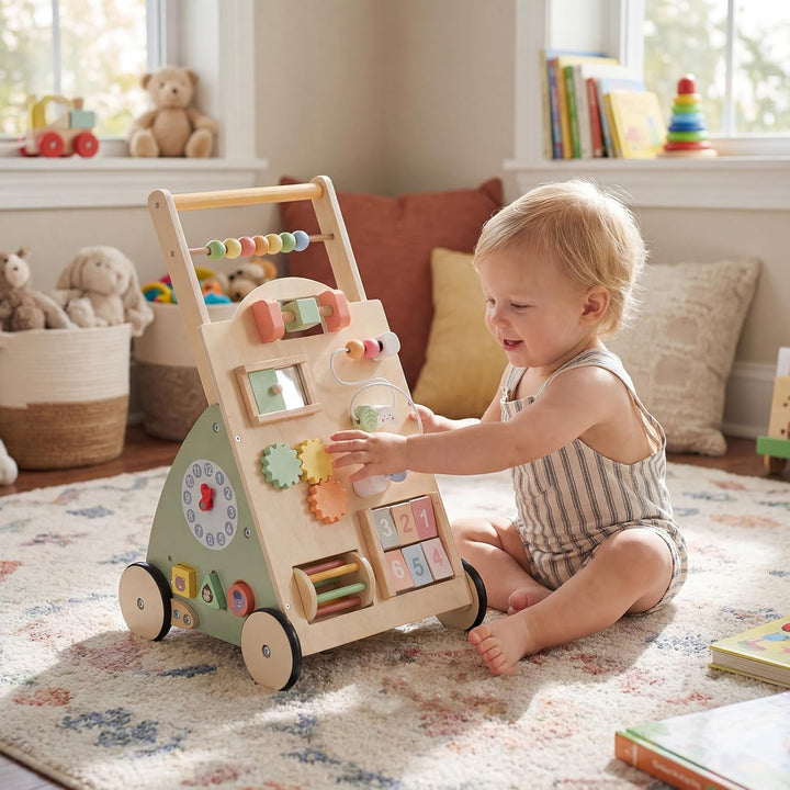 COSTWAY Baby Lauflernwagen Holz, Lauflernhilfe mit Activity Board, Rädern & Aufbewahrungskorb, Laufw