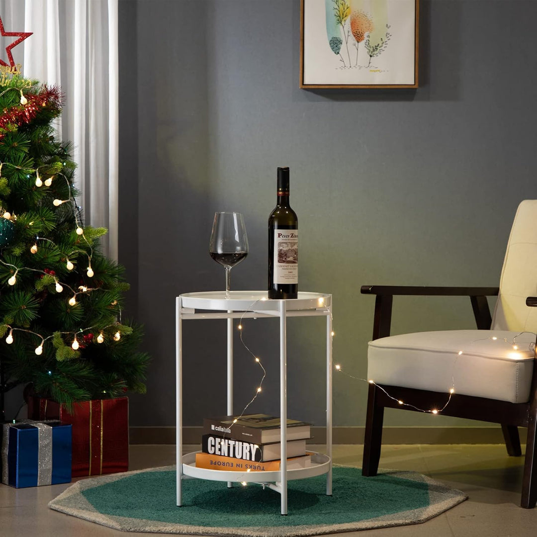 HollyHOME Runder Beistelltisch, 2 Ebenen Beistelltisch Metalltablett, Snacktisch, Couchtisch, Teetis