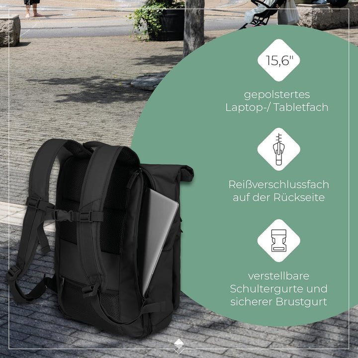 Travelite Handgepäck Rucksack, Laptop Rucksack 15,6 Zoll, BASICS, Reiserucksack Rolltop Funktion, 60