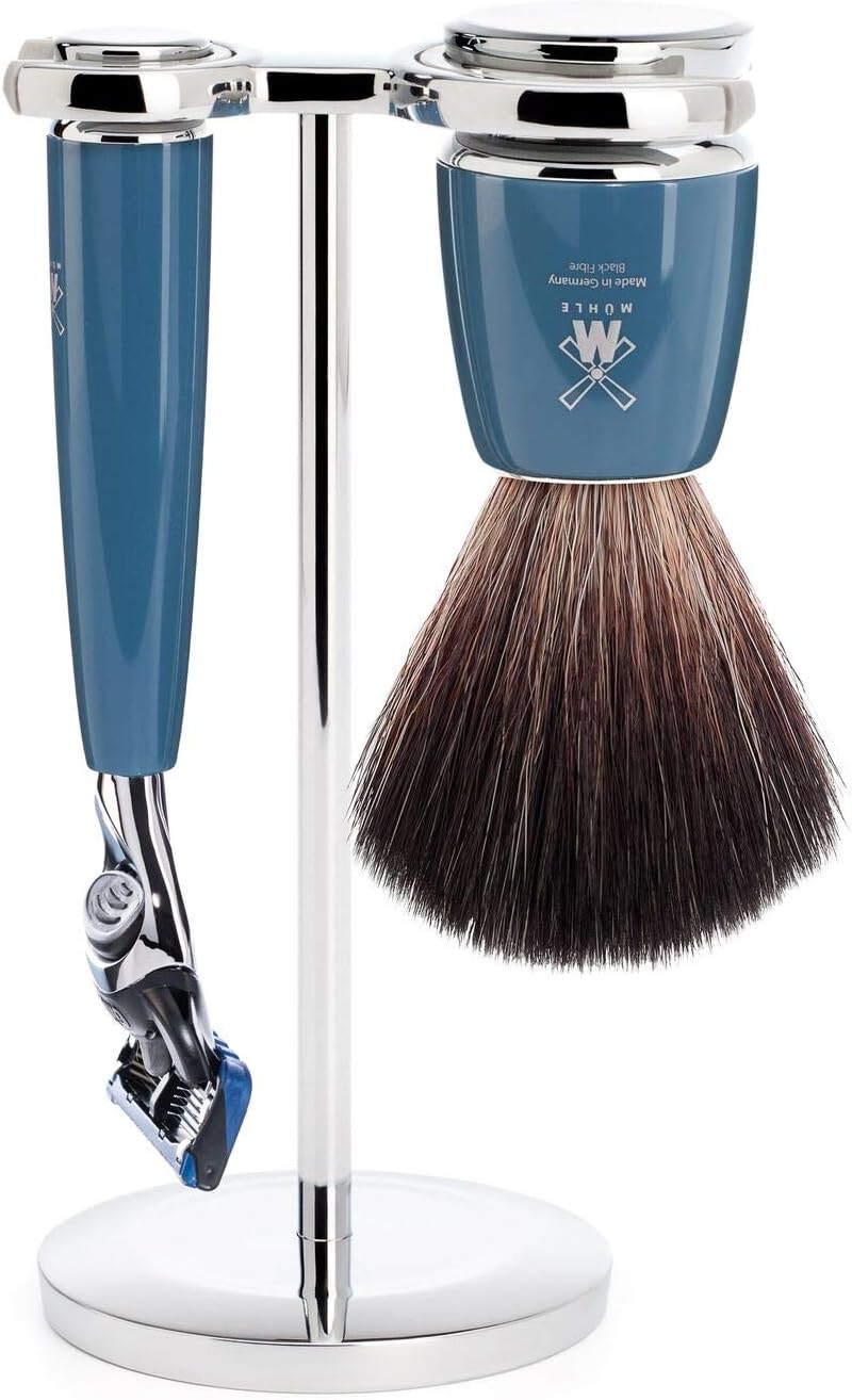 MÜHLE Rytmo Rasierset - Rasierer kompatibel mit Gillette-Klingen und Rasurpinsel Black Fibre, Halter