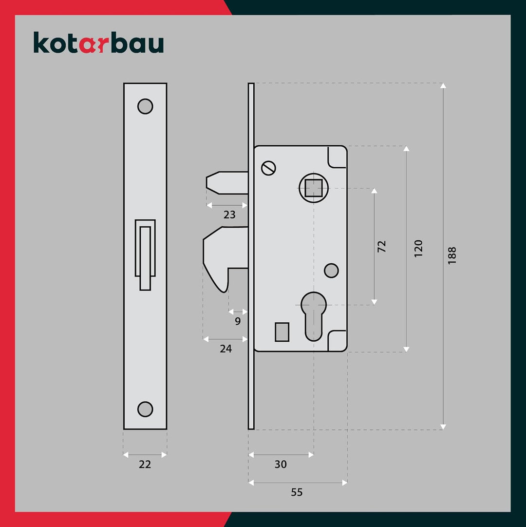 KOTARBAU® Hakenschloss Schiebetore 72/30 Einsteckschloss Führungsdorn Schiebetürschloss Hakenfallens