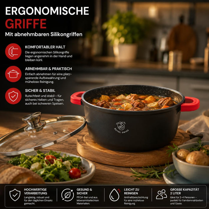 Royal Swiss Kochtopf, Schwarz, 2 l, Marmorbeschichtung, Glasdeckel, geeignet für Induktion & Ofen, A