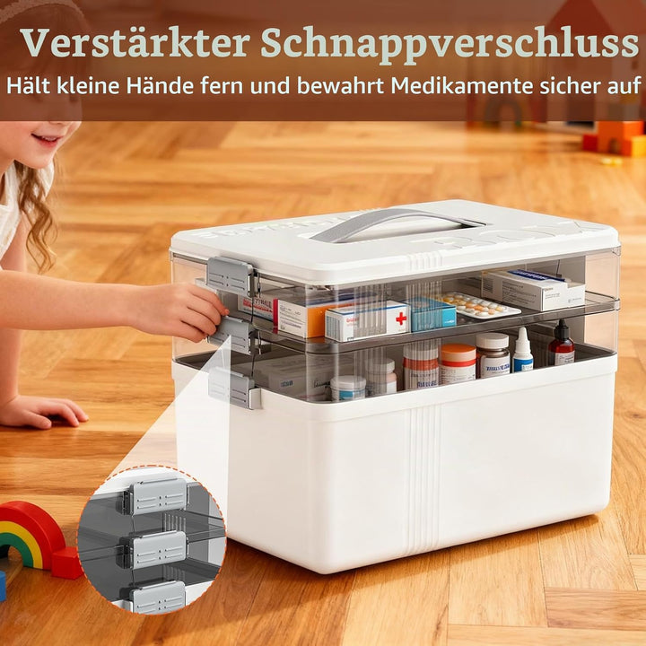 Medikamenten Aufbewahrung 34*22*24.5 cm, 3 Stöckige Hausapotheke mit Tragegriff, Kunststoff Hausapot
