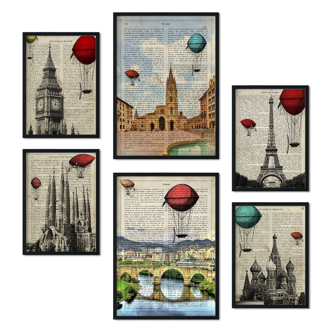 Nacnic Set von 6 Poster von Vintage Cities. Sammlung von Platten mit ästhetischer Collage für Innend