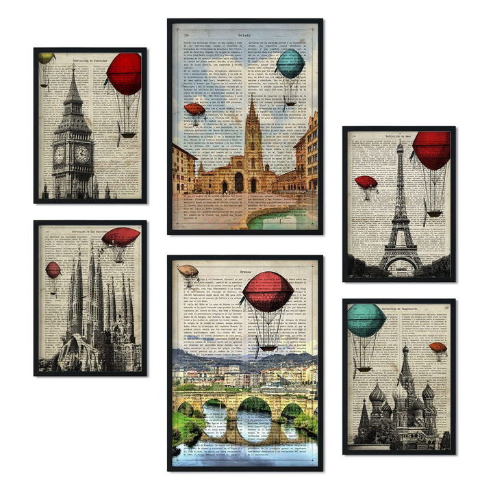 Nacnic Set von 6 Poster von Vintage Cities. Sammlung von Platten mit ästhetischer Collage für Innend