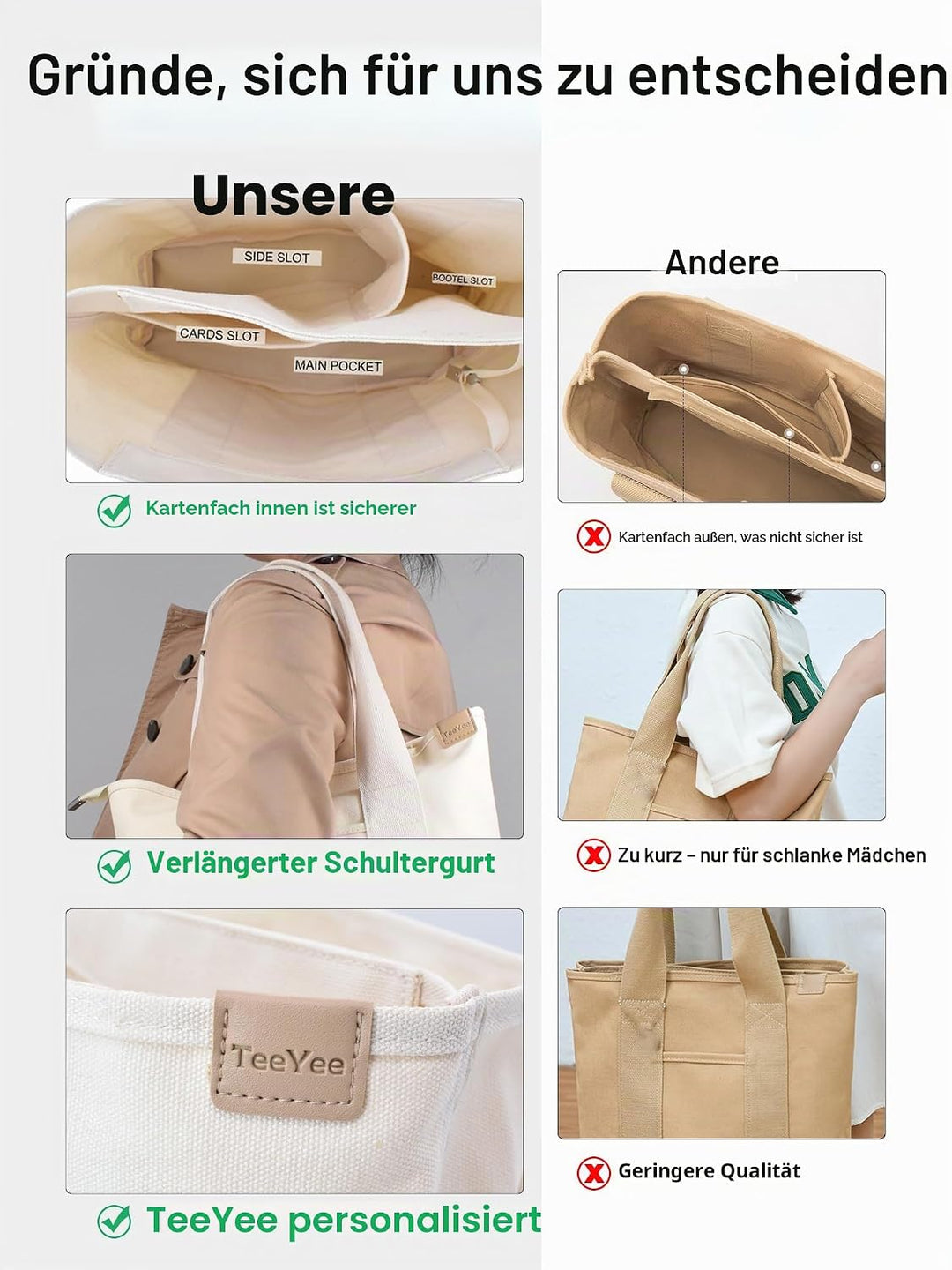 TeeYee Damen Mittelgross Handtasche Canvas Satchel Tote Bag Schultertasche Shopper für Bücher Alltag