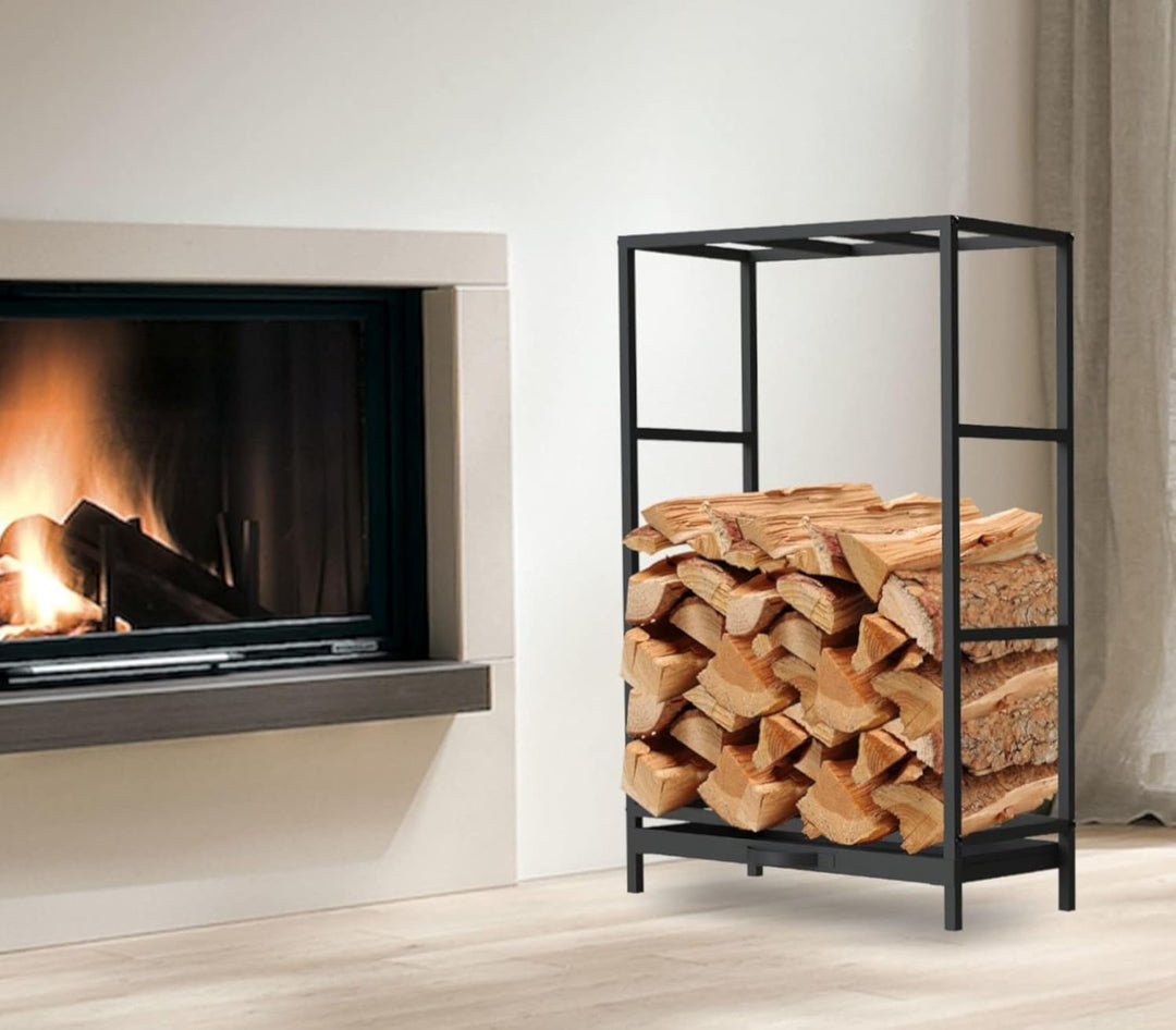 DanDiBo Kaminholzregal Innen Metall Schwarz Kaminholzständer 80 cm mit Schublade 96356 Holzkorb Kami