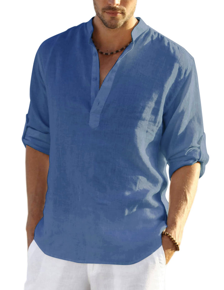 COOFANDY Herren Hemd Langarm Henley Shirt Leinenhemd Baumwolle Casual Regular Fit Sommerhemd A-denim