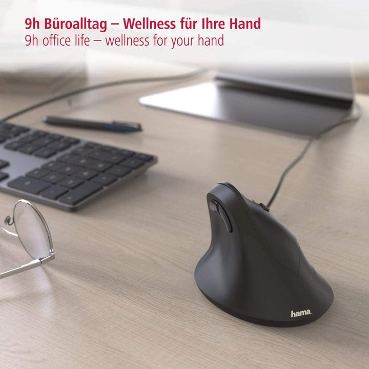 Hama ergonomische Maus (Vertikale Maus kabelgebunden für Rechtshänder, 3 Geschwindigkeitsstufen bis
