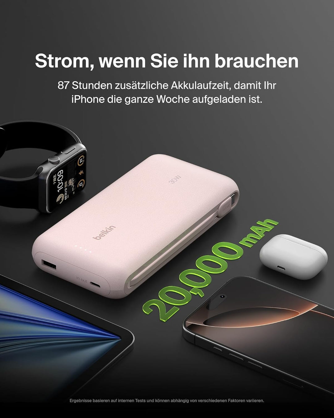 Belkin Portable Powerbank zum Schnellladen mit integriertem Kabel 20K PD 30 W, USB-C Power Delivery,
