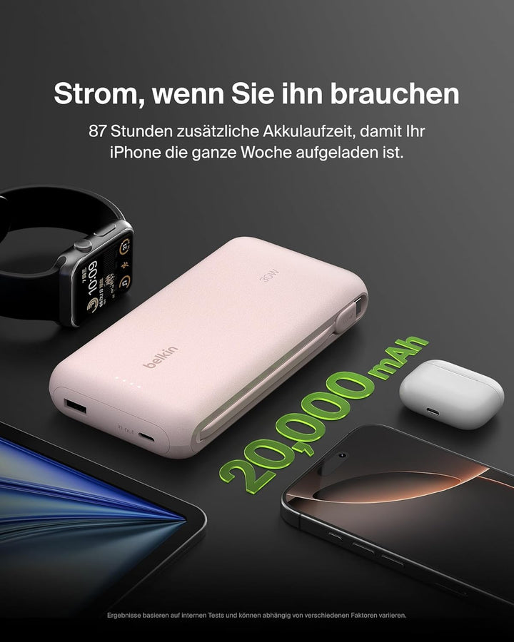Belkin Portable Powerbank zum Schnellladen mit integriertem Kabel 20K PD 30 W, USB-C Power Delivery,