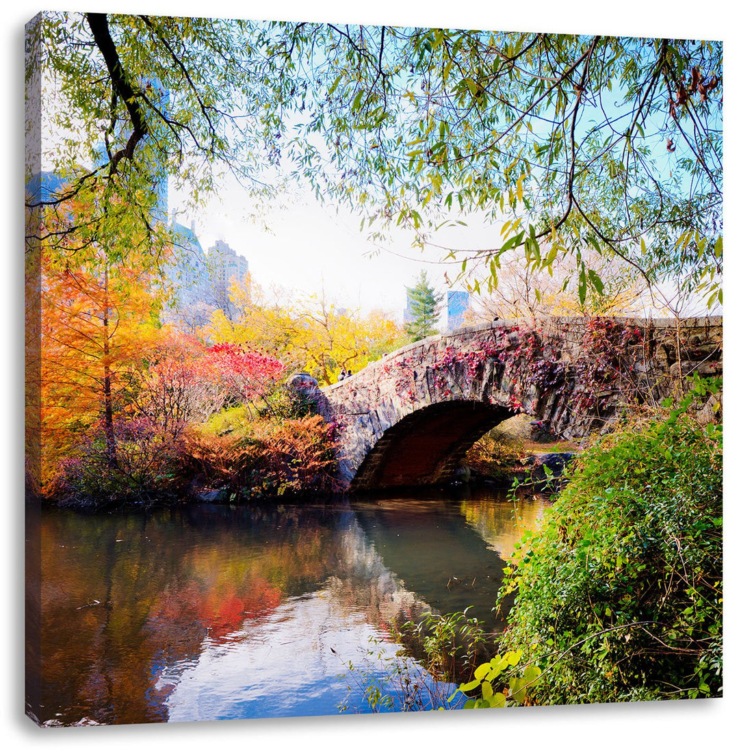 Brücke im Central Park, Format: 70x70 auf Leinwand, XXL riesige Bilder fertig gerahmt mit Keilrahmen