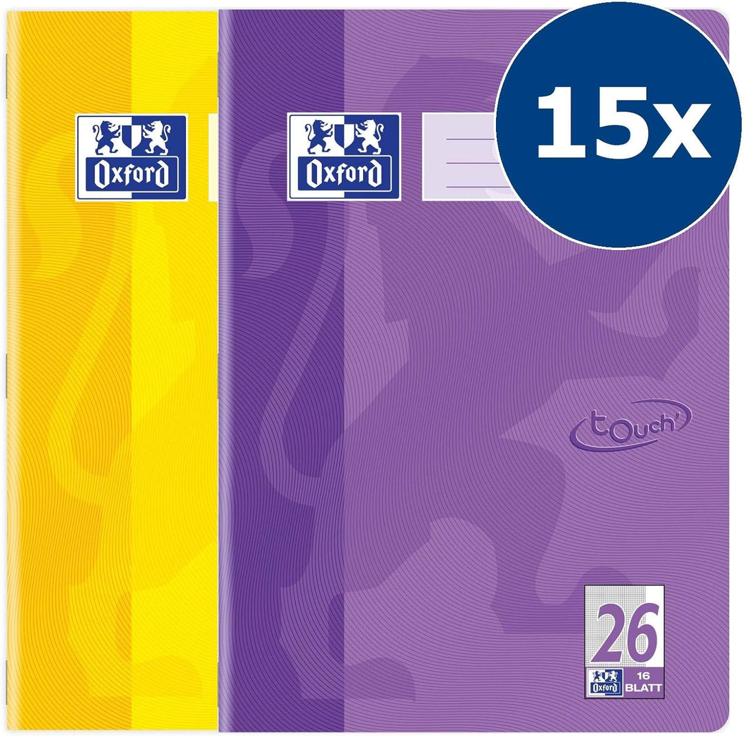 Oxford Schulheft A4, Touch, 16 Blatt, Lin. 26, kariert, gelb & flieder, 15 Stück