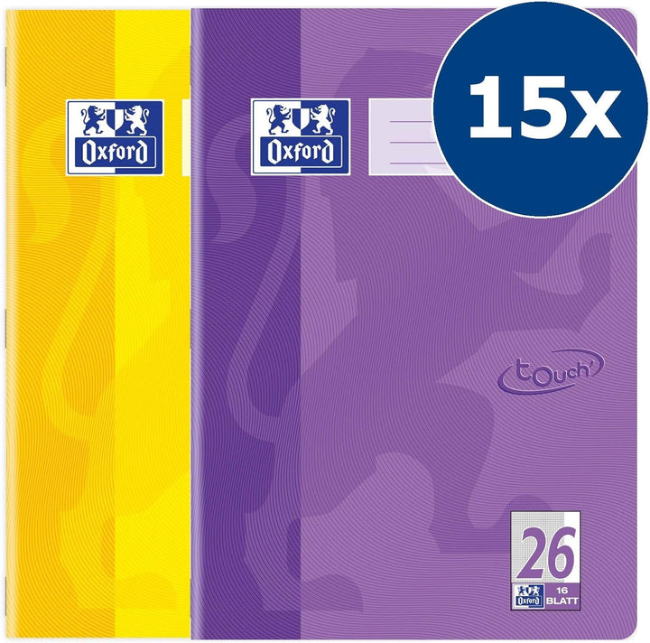 Oxford Schulheft A4, Touch, 16 Blatt, Lin. 26, kariert, gelb & flieder, 15 Stück