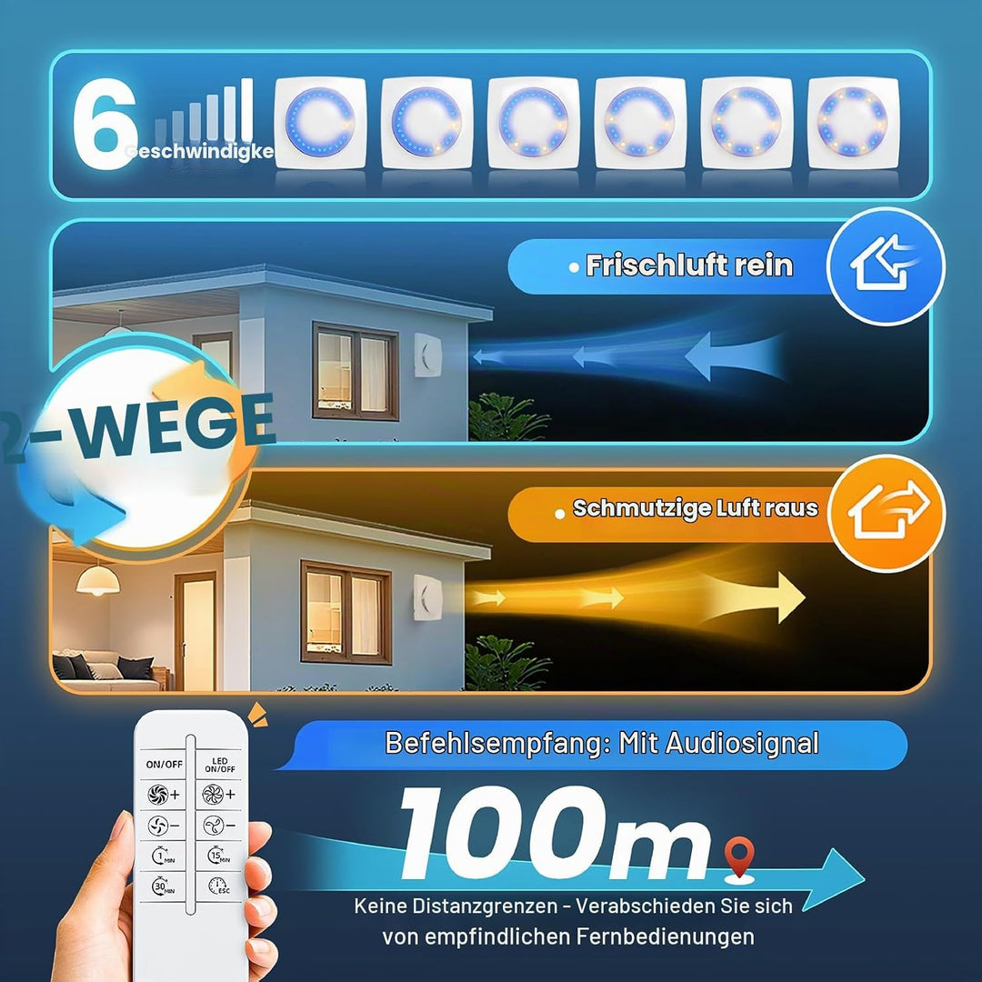 100mm Badlüfter mit Nachlauf &amp; LED Beleuchtung,3000U/min 220m³/h,2 Wege 6 Drehstufen mit Anzeigelamp