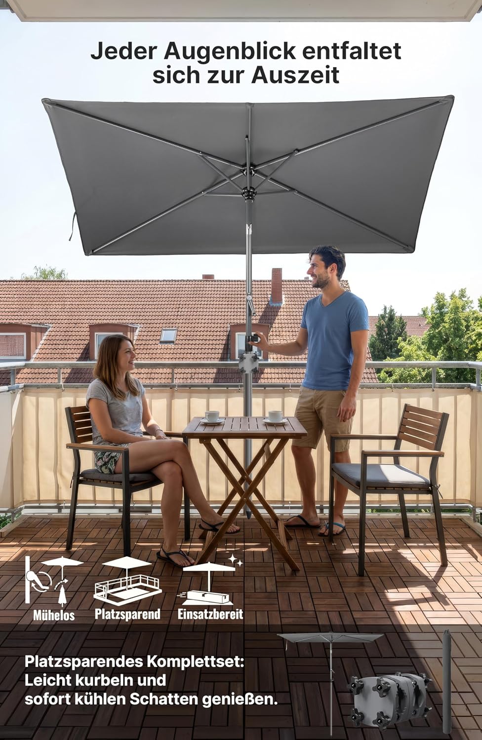 4smile SunnyShade Sonnenschirm Balkon mit Halterung im 3-er-Set, UV 50+, 210x140 cm, Anthrazit, Sonn