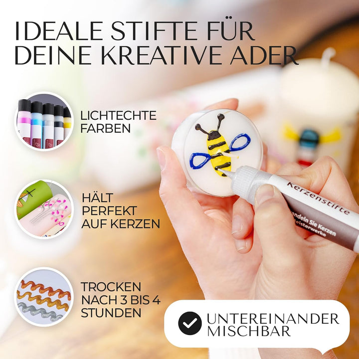 Brandalo® Premium 12er Set Kerzenstifte á 30ml leuchtende Farben – Candle Pen für Kerzen - Taufkerze