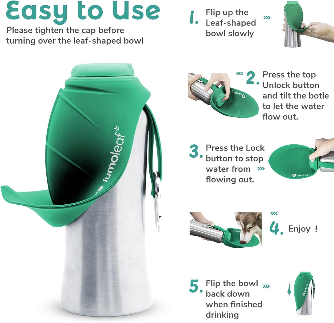 LumoLeaf Hundetrinkflasche für unterwegs, 800ml Edelstahl Trinkflasche Hund, Tragbare Haustier Wasse