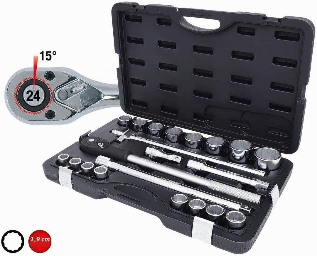 KS Tools 911.0722 3/4 Zoll 12-Kant Steckschlüssel Satz | inklusive Umschaltknarre, 24-Zahn | matt sa