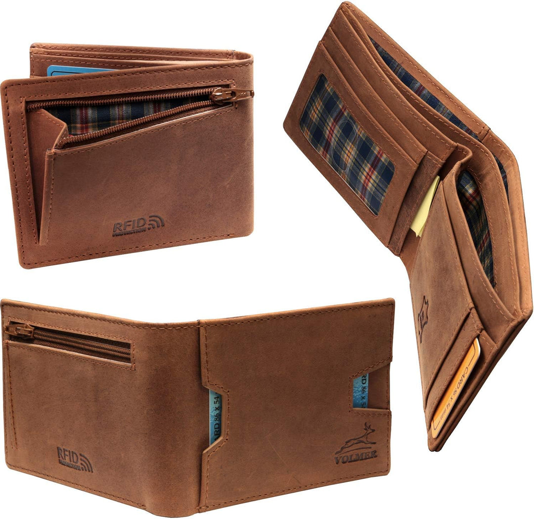 Fa.Volmer ® Schlanke Leder Geldbörse mit RFID-Schutz - Büffelleder im Antique-Look - kleines Münzfac