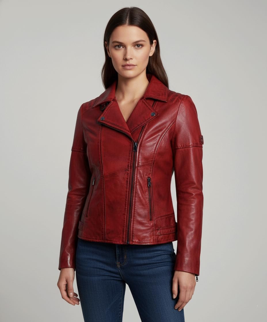 Blueorn Heeda Damen Lederjacke Übergangsjacke aus feinstem Lammnappa Leder - Modernen Bikerjacke Ech