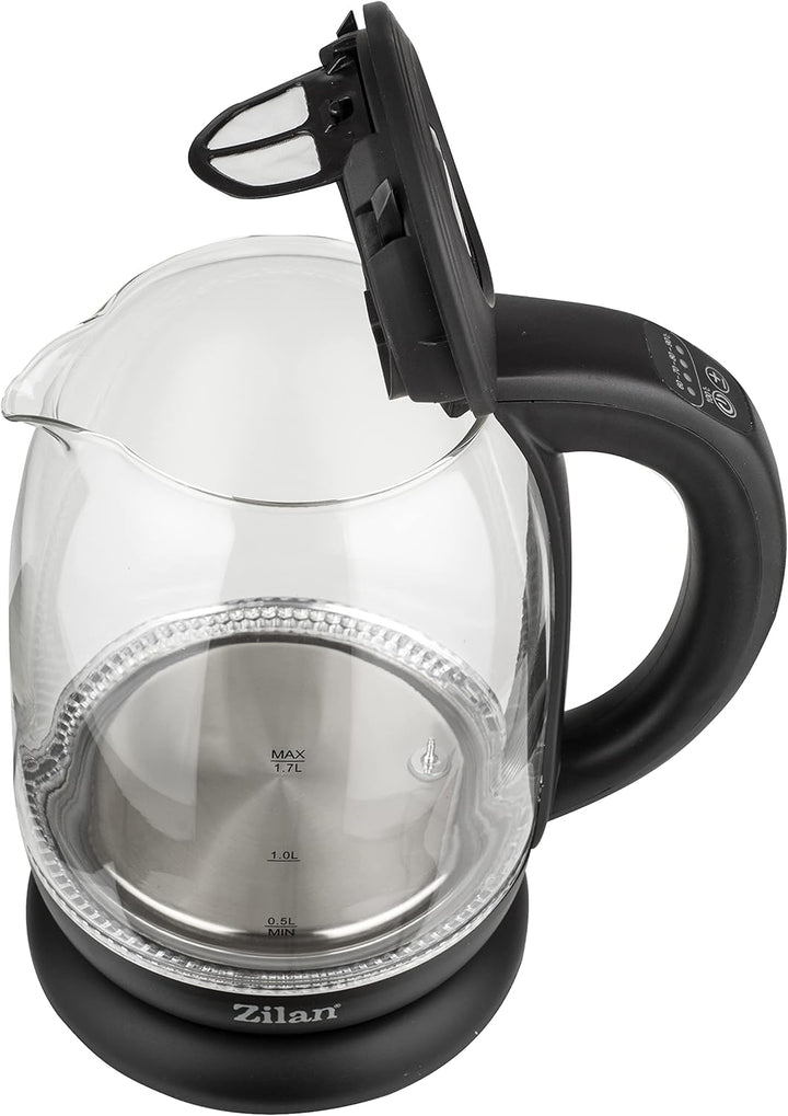 Zilan kabelloser Wasserkocher aus Borosilikatglas mit digitalen Display und LED, 1,7 l, 5 Temperatur