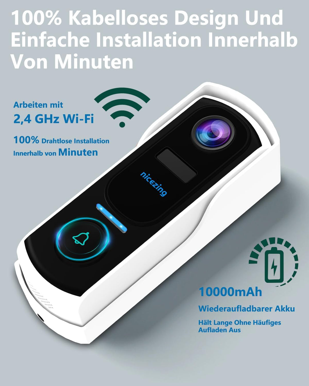 2K FHD Video Türklingel mit Kamera Kabellose Kompatibel mit Alexa, nicezing Funkklingel mit Kamera W