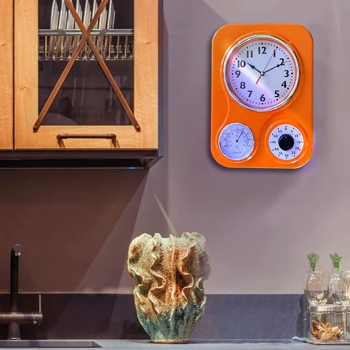 Lily's Home Retro Küchenuhr mit Temperatur und Timer (orange) Orange/Abendrot im Zickzackmuster (Sun