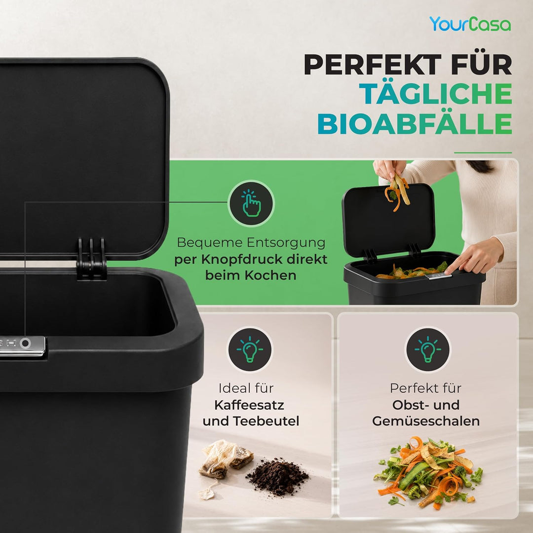 YourCasa Biomülleimer Küche 5L - geruchsdichter Bio Mülleimer mit Deckel &amp; Knopfdruck-Mechanismus -