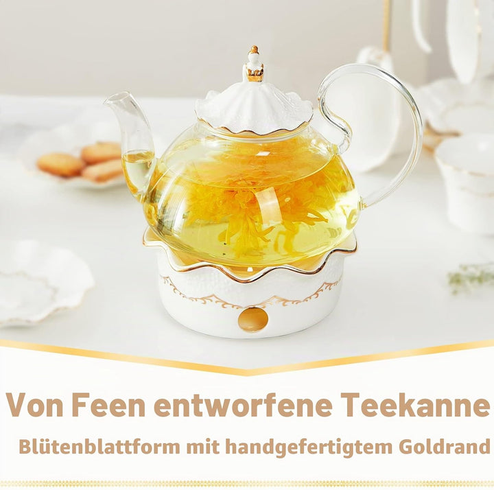 DUJUST Teekannen mit Stövchen Set, Luxuriöses Britisches Design mit Reliefdekor und Goldverzierungen