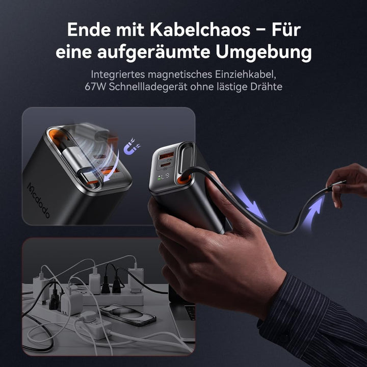 Mcdodo 67W USB C Ladegerät mit Einziehbarem Kabel Netzteil USB C GaN Schnellladegerät 3-Port 67W GaN