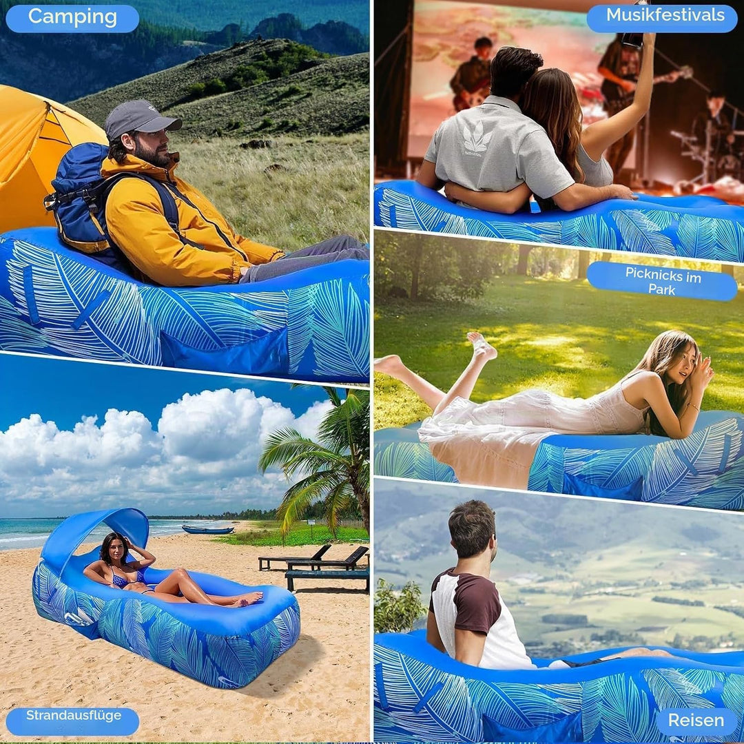 Aufblasbares Sofa (70 x 190 cm) mit Sonnenschutz | Luftliegestuhl, Outdoor-Luftkissen, Luftsitzsack,