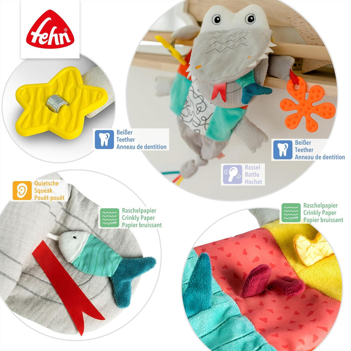 Fehn Handpuppe Baby Spielzeug Krokodil - Kuscheltier mit Rassel, Raschelpapier, Beisser und Quietsch