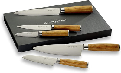 Echtwerk Damastmesser Set 5 teilig, Küchenmesser, Damaszener, Messer mit Holzgriff, Braun/Silber 36