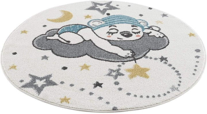 carpet city Kinderteppich Kinderzimmer Creme - 120 cm Rund - Nachthimmel Sterne Mond - Kinderzimmert