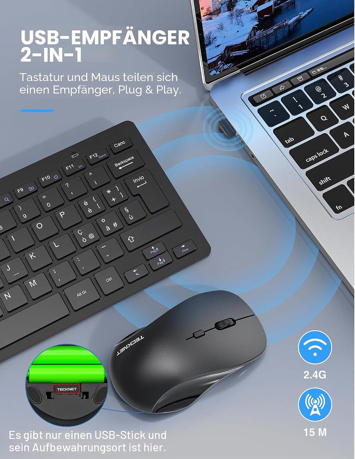 TECKNET Italienische QWERTY-Tastatur und Maus, 2.4G kabellose Tastatur und leise Maus mit Nano-USB-E