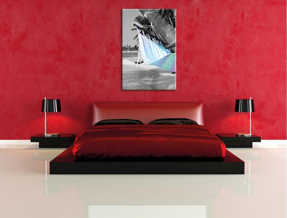 Pixxprint traumhafte Hängematte am Strand, Format: 70x100 auf hochkantiges Leinwand, XXL riesige Bil
