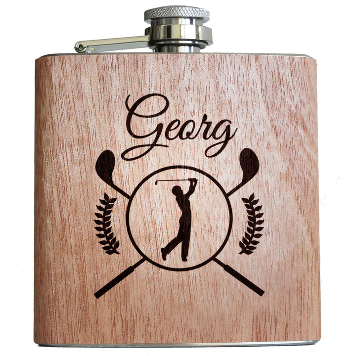 Pixelstudio Golf Holz Flachmann mit Gravur eigener Name persönlich Geschenk Golfer personalisiert Ge
