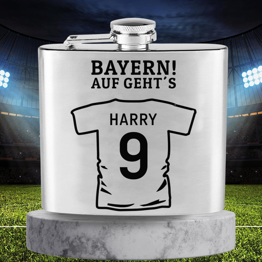Edelstahl Flachmann mit Gravur Fussball Trikot personalisiert mit Name Nummer Wunschtext 170 ml auch