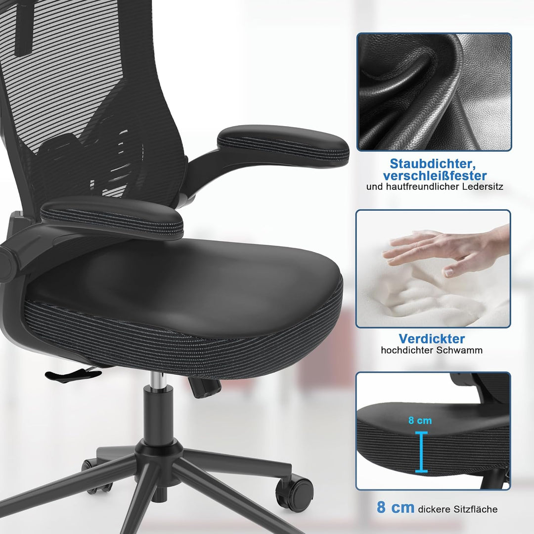 CYKOV Bürostuhl Ergonomisch, PC Stuhl mit Verstellbarer Kopfstütze & Klappbaren Armlehnen, Schreibti