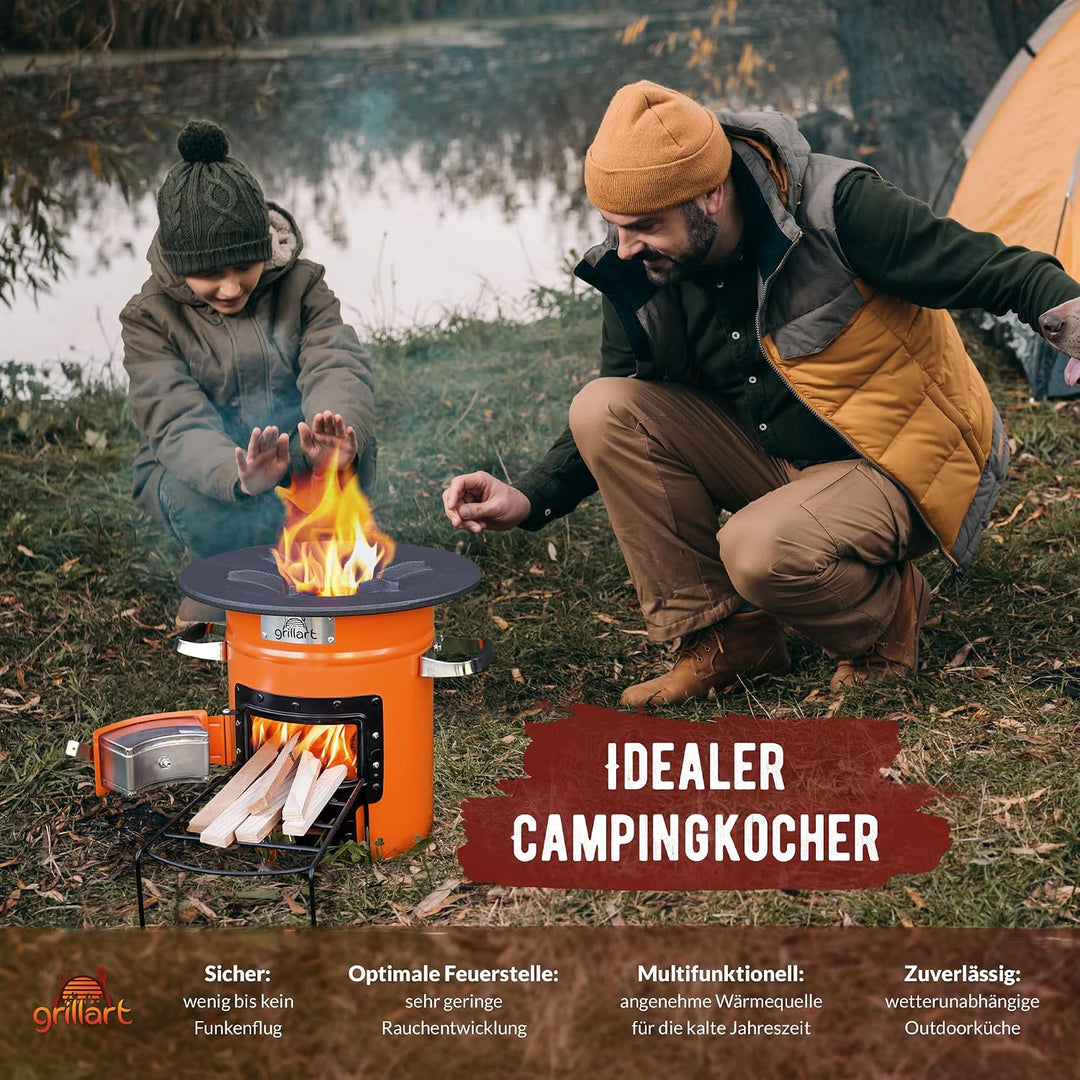 grillart® Raketenofen Outdoor “Powertrain” (mit Tragetasche) orange – effizienter Holzofen als Campi