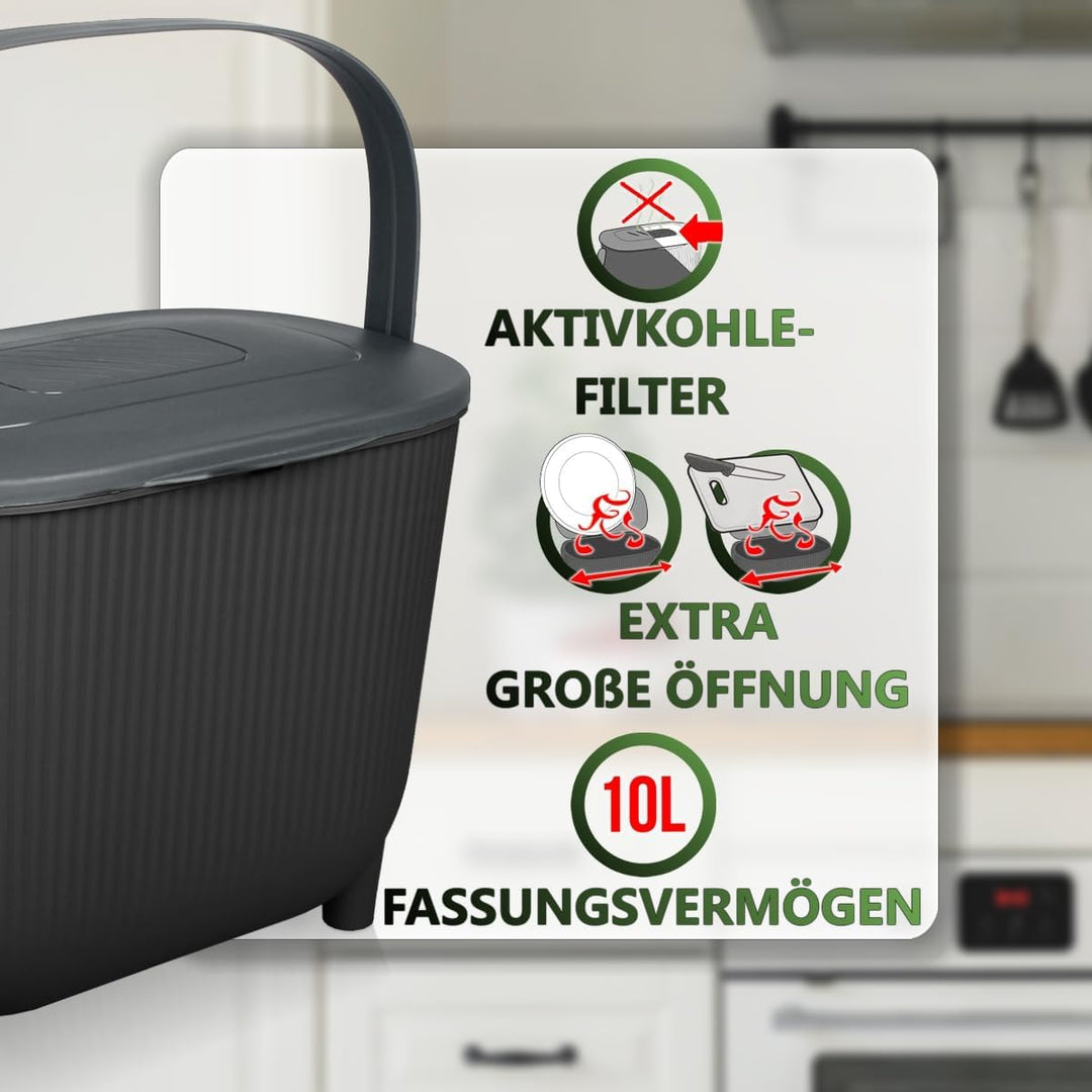 Premium Komposteimer 10L Küche Biomüll Behälter Bio Mülleimer mit Deckel und Aktivkohlefilter (Schwa
