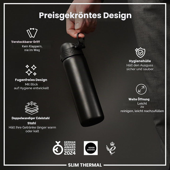 ION8 Vakuumisolierte Edelstahl-Trinkflasche, 500 ml, Auslaufsicher, Einhandöffnung, Sichere Verriege