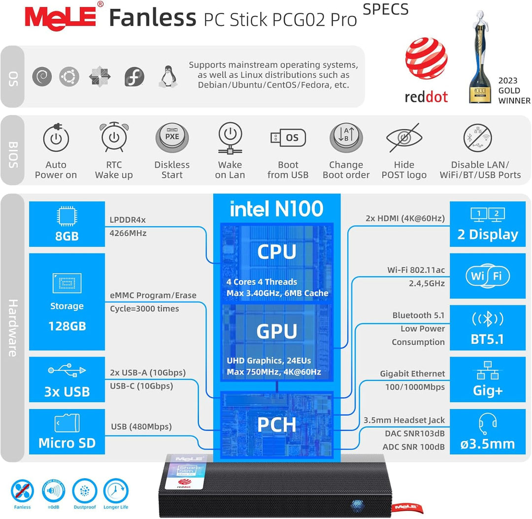 MeLE PCG02 Pro Lüfterloser Mini-PC Stick, Reddot Gewinner 2024, N100 8GB 128GB, Dual HDMI2.0, 4k 60H
