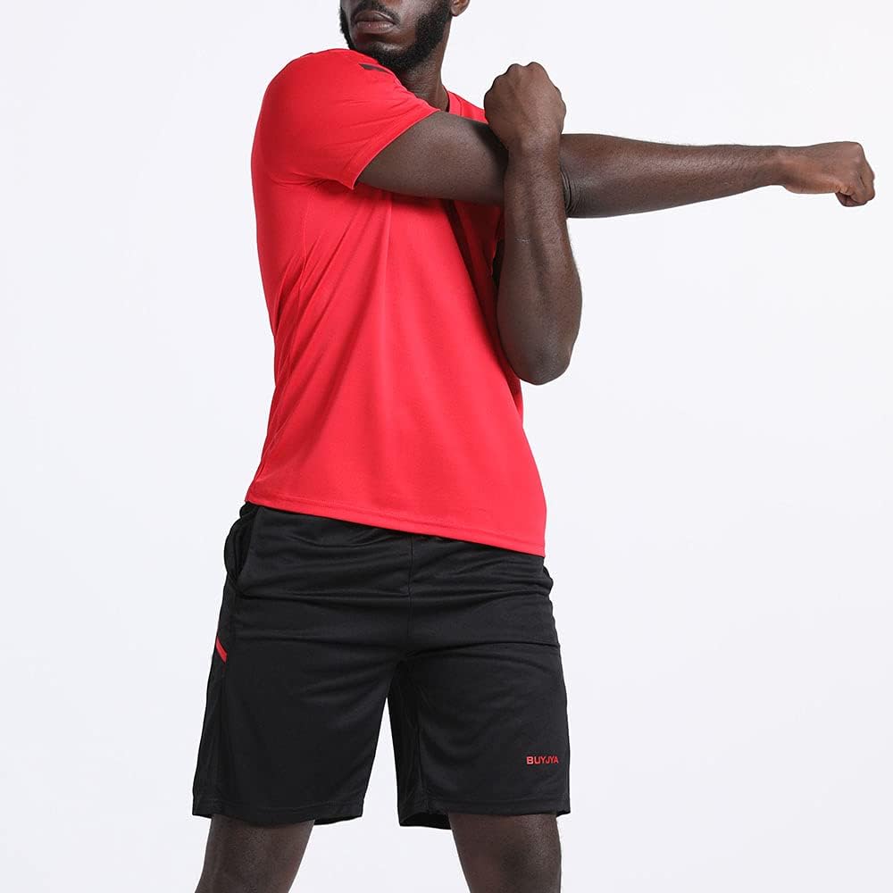 BUYJYA Herren-Trainingskleidung, athletische Shorts und Shirt-Set, 3er-Pack, für Basketball, Fussbal