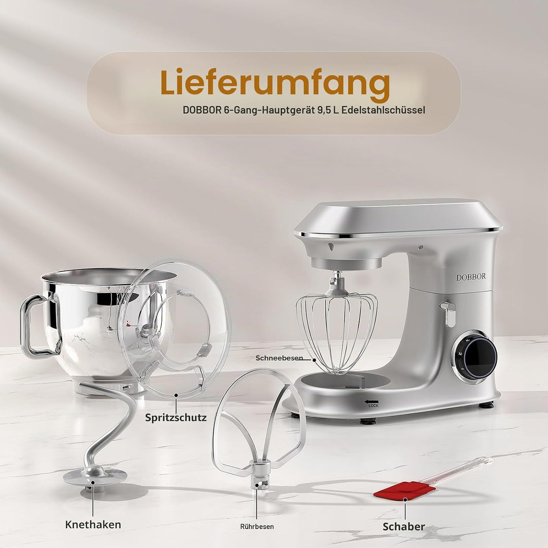 9.5L Küchenmaschine Knetmaschine 1500W, DOBBOR Rührmaschine mit Rührbesen, Knethaken, Schlagbesen, S