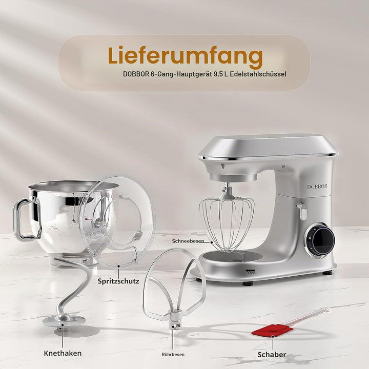 9.5L Küchenmaschine Knetmaschine 1500W, DOBBOR Rührmaschine mit Rührbesen, Knethaken, Schlagbesen, S