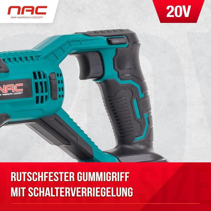NAC Akku Säbelsäge 20V Li-Lon Akku 2.0Ah mit Ladegerät und 2x Reciprosägeblätter 20mm Nur Gerät, Nur